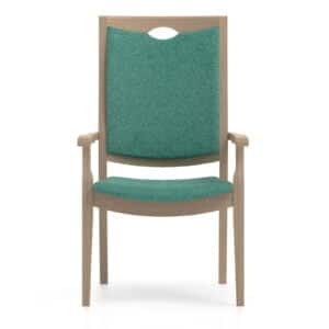 grote mensen eetkamerstoel groene bekleding houten frame