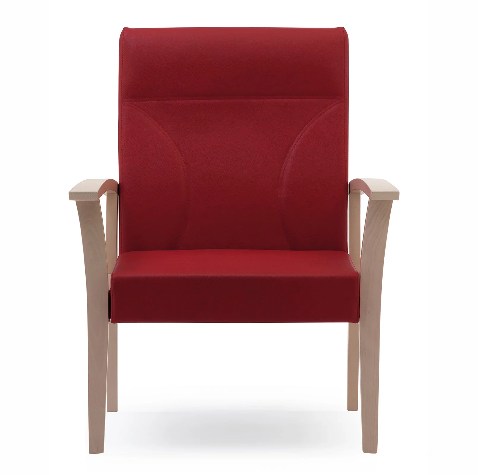 Rode obese stoel met licht eiken armleuningen en poten