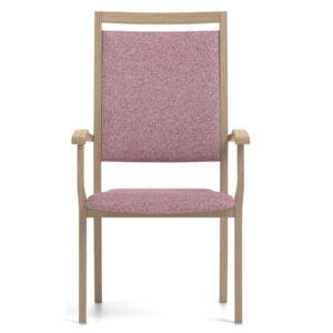 Hoge eetkamerstoel met bruin houten frame en paarse bekleding