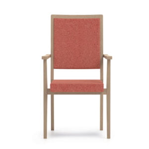 Hoge armstoel voor ouderen bruin houten frame met oranje bekleding