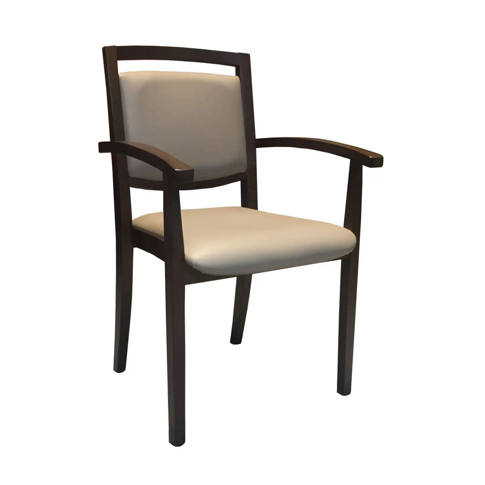 Seniorenstoel van hout: Senior A. Bruin hout en taupe bekleding