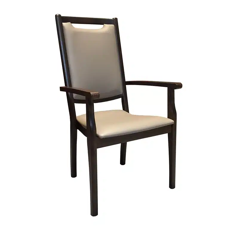 Seniorstoel op voorraad: Care A XL Senior Seniorstoel op voorraad. Seniorenstoel met bruine armleuning en poten. Met extra grip voor aanschuiven.