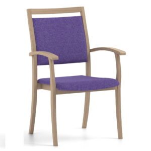 Armstoel gehandicapte zorg. Donker paarse bekleding met houten frame