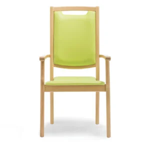 seniorenstoel bruin hout met groene urine-werende bekleding