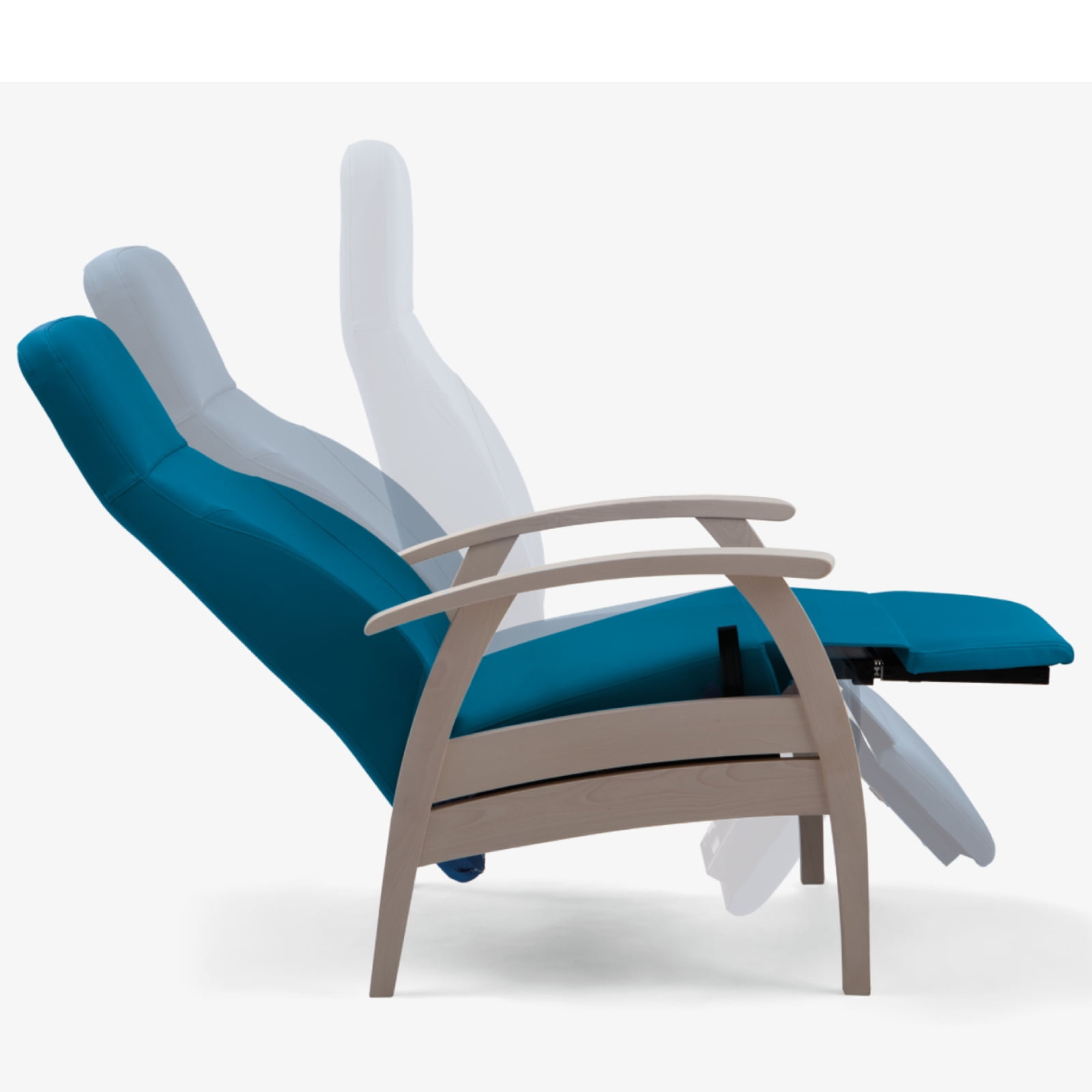 Verstelbare-ergonomische-relaxstoel Relax fauteuil staalbaron blauw urine werende bekleding met wit houten frame
