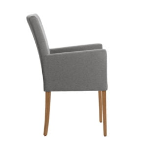 grijze eetkamerstoelen met grijze stoffering en houten poten