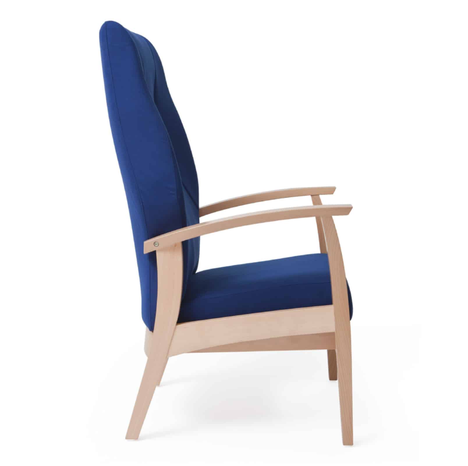 Relaxfauteuil voor ouderen, Blauwe bekleding met houten frame.