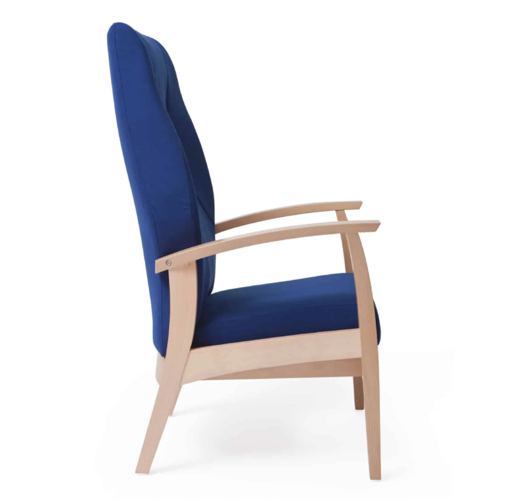 Relaxfauteuil voor ouderen, Blauwe bekleding met houten frame.