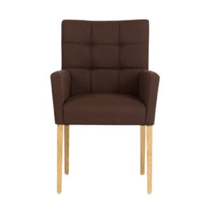 senioren restaurantstoelen met hoge rugleuning met bruine stoffering en licht eiken poten