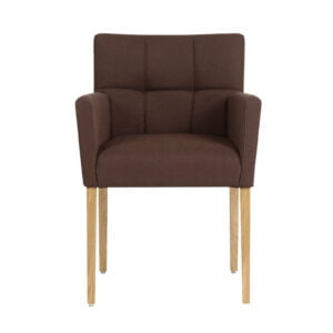 senioren bruine stoel met bruine stoffering en licht eiken poten