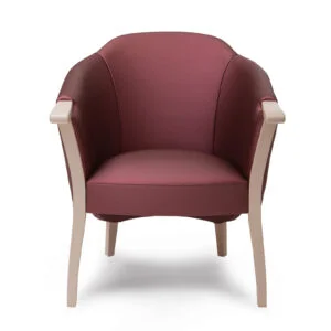 stap op stoel zonder stroom met rood leer vooraanzicht