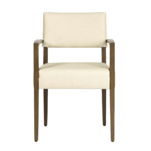 buurthuis stoel met wit leer en donkerhouten poten en armleuningen