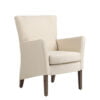Kleine zwarte fauteuil met beige zitting en eiken hout stoelpoten