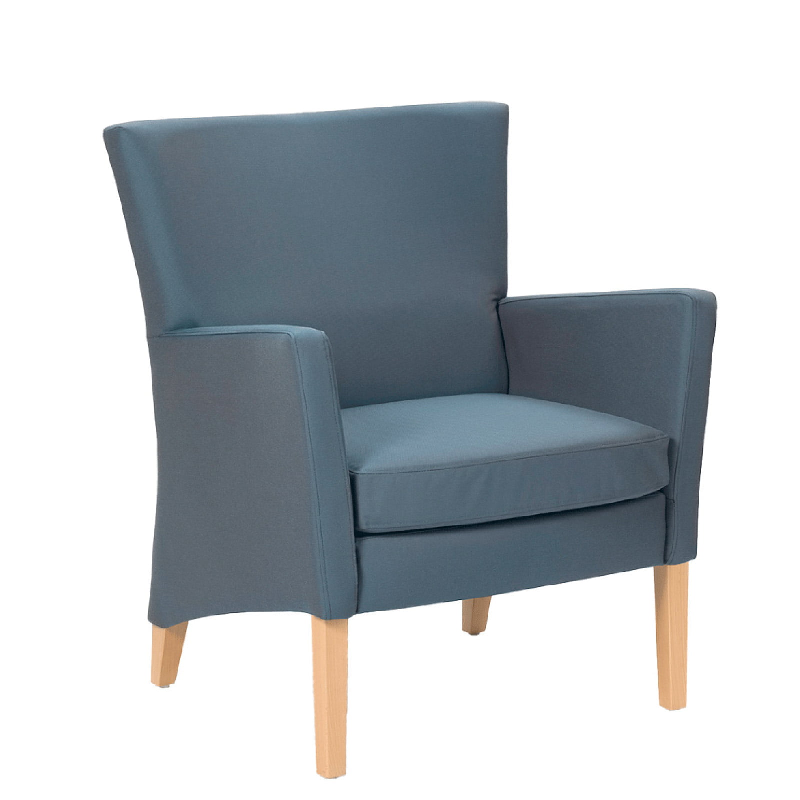 luie-stoel-brede-zitting-Unia-XL brede fauteuil senioren houten frame met zwarte stoffering