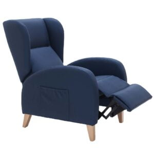 Zijaanzicht relaxfauteuil donkerblauw voetenbank uitschuifbaar