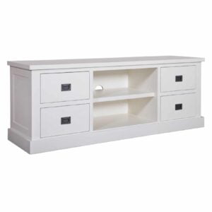 Landelijke witte tv dressoir met 4 laadjes en 2 open plankjes