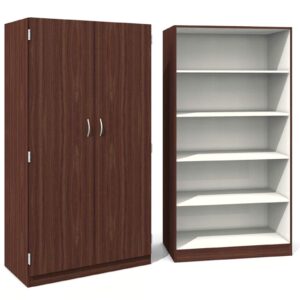 Donker bruine kast met 5 brede witte laden en 2 deurs