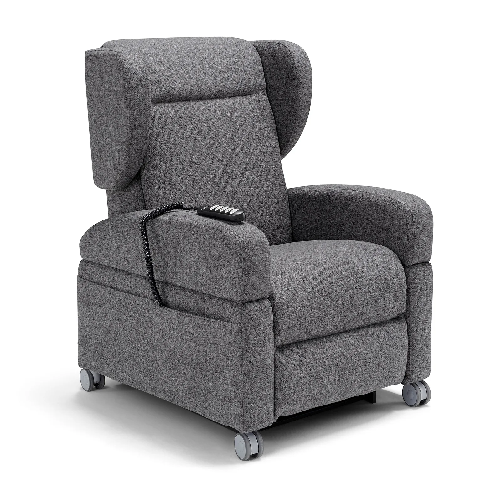 Grijs gestoffeerde fauteuil op wielen