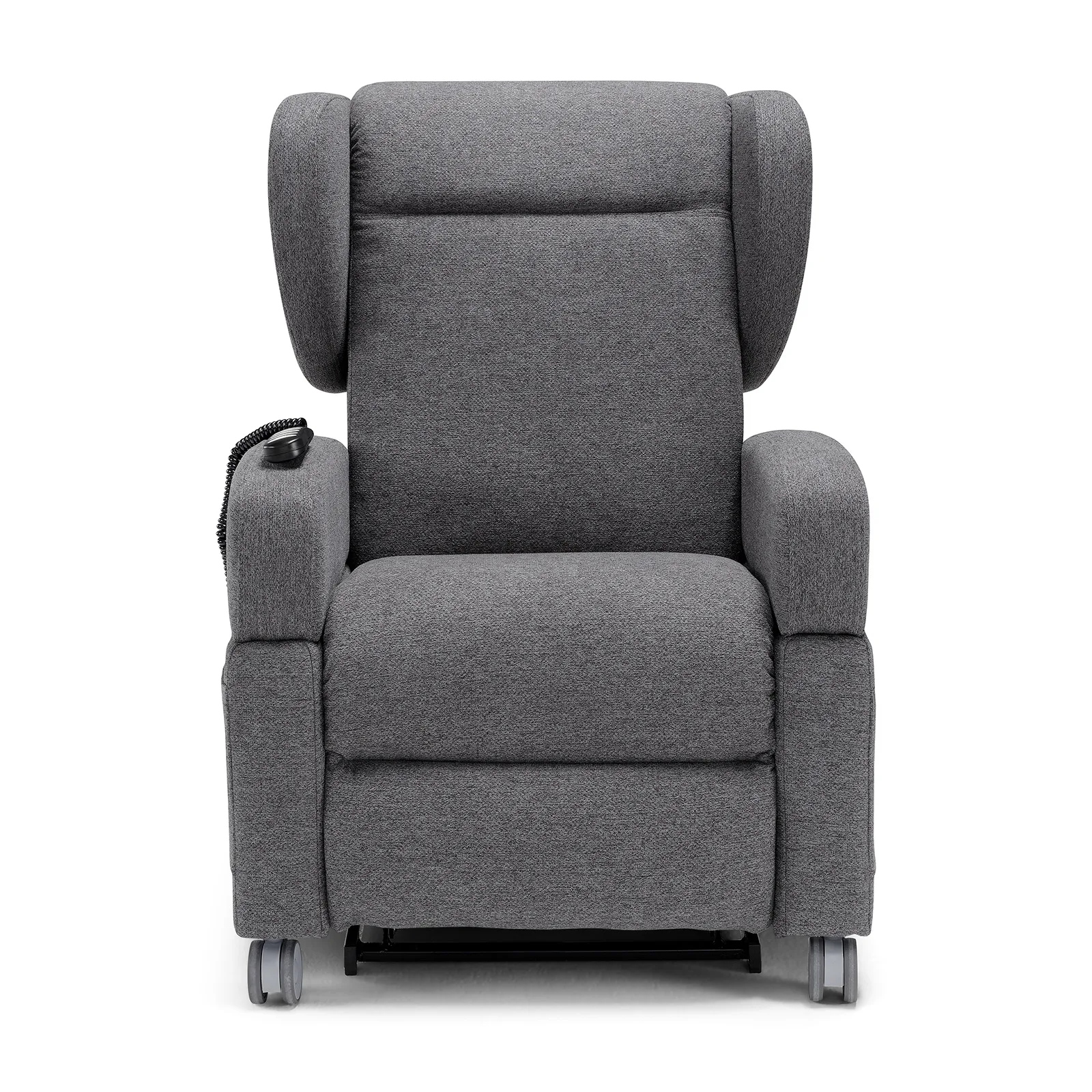 Comfortabele fauteuil met grijze stoffering op wielen
